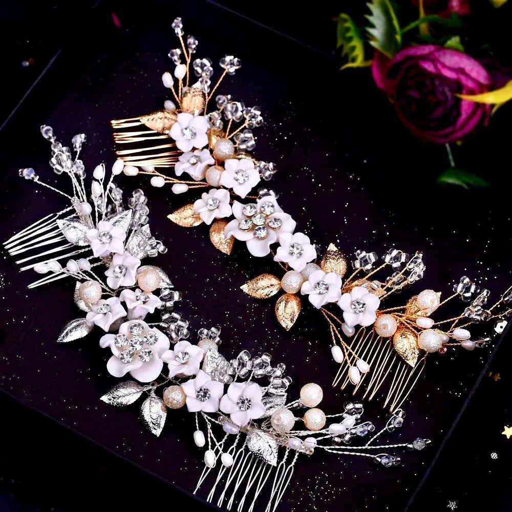 Wedding Hair Accessories - Ceramic Flowers Bridal Headband / Hair Vine - Available in Silver and Gold