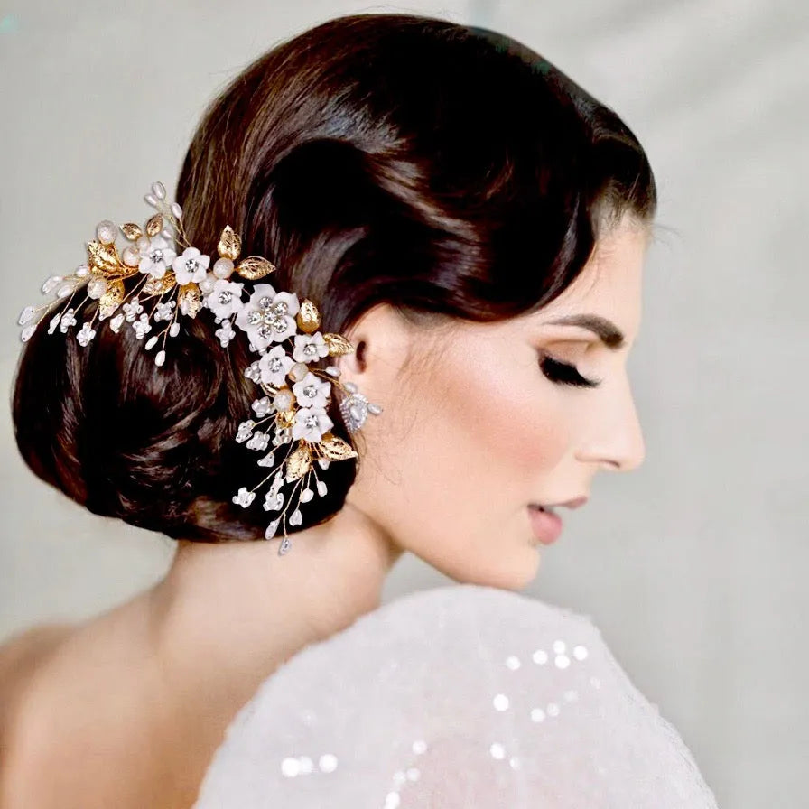 Wedding Hair Accessories - Ceramic Flowers Bridal Headband / Hair Vine - Available in Silver and Gold