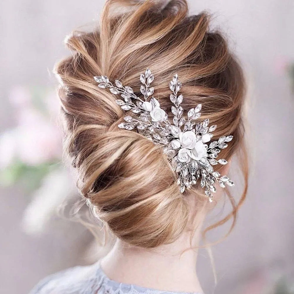 Wedding Hair Accessories - Ceramic Flowers Bridal Hair Comb - Available in Silver, Rose Gold and Yellow Gold