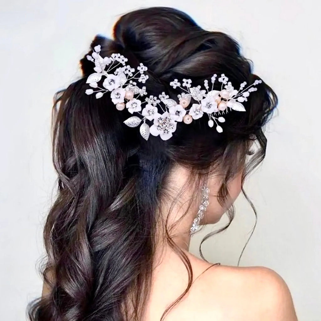 Wedding Hair Accessories - Ceramic Flowers Bridal Headband / Hair Vine - Available in Silver and Gold