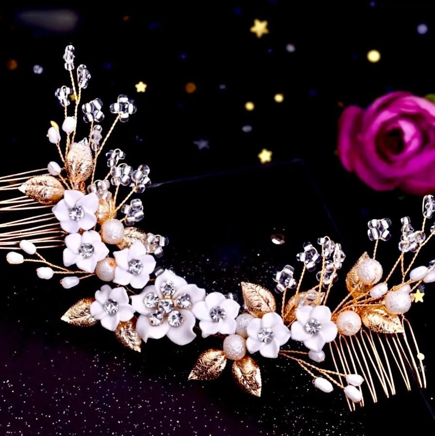 Wedding Hair Accessories - Ceramic Flowers Bridal Headband / Hair Vine - Available in Silver and Gold