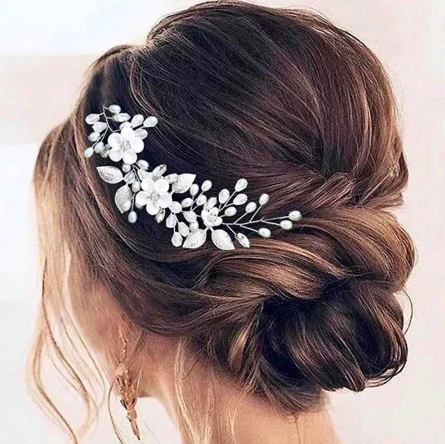 Ceramic flower bridal hair vine for short hair and pixie cuts