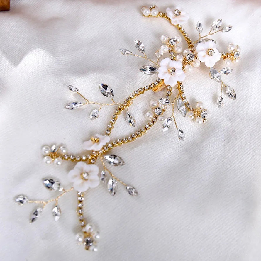 Wedding Hair Accessories - Gold Ceramic Flowers Bridal Hair Clip Vine