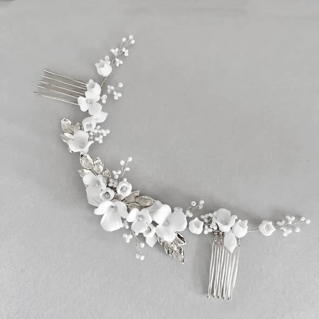 Wedding Hair Accessories - Ceramic Flowers Bridal Double Hair Comb - Available in Gold and Silver
