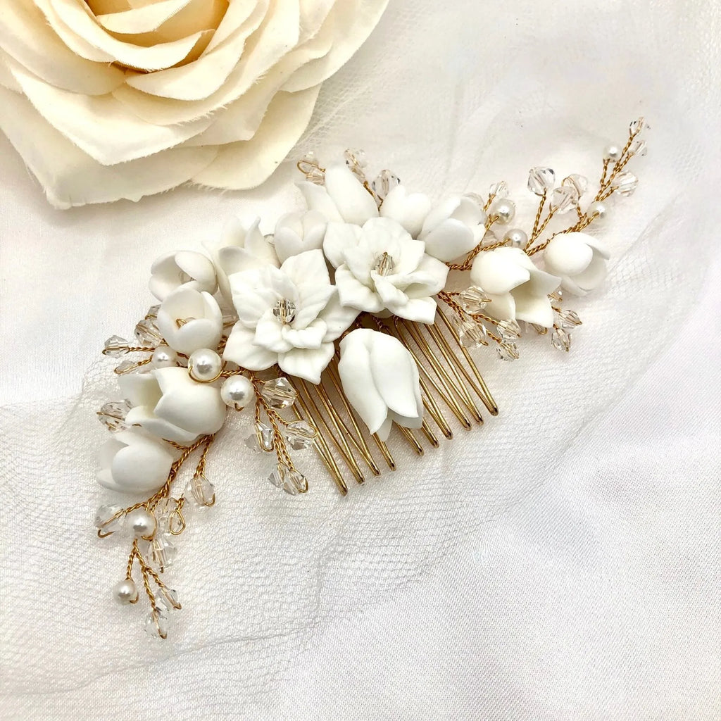 Wedding Hair Accessories - Pearl and Ceramic Flowers Bridal Hair Vine