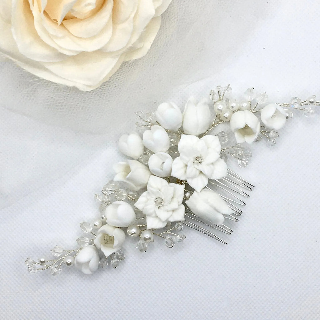 Wedding Hair Accessories - Pearl and Ceramic Flowers Bridal Hair Vine