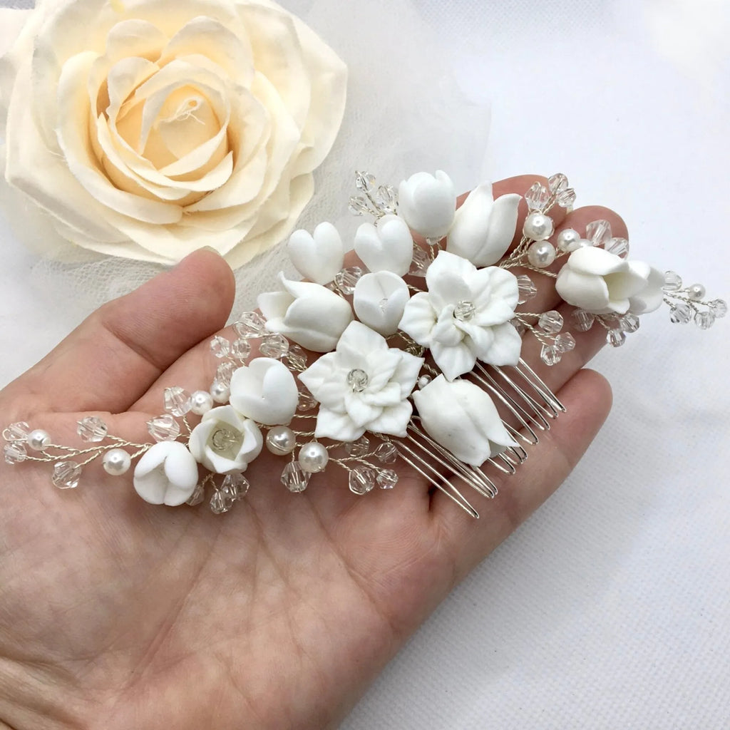 Wedding Hair Accessories - Pearl and Ceramic Flowers Bridal Hair Vine