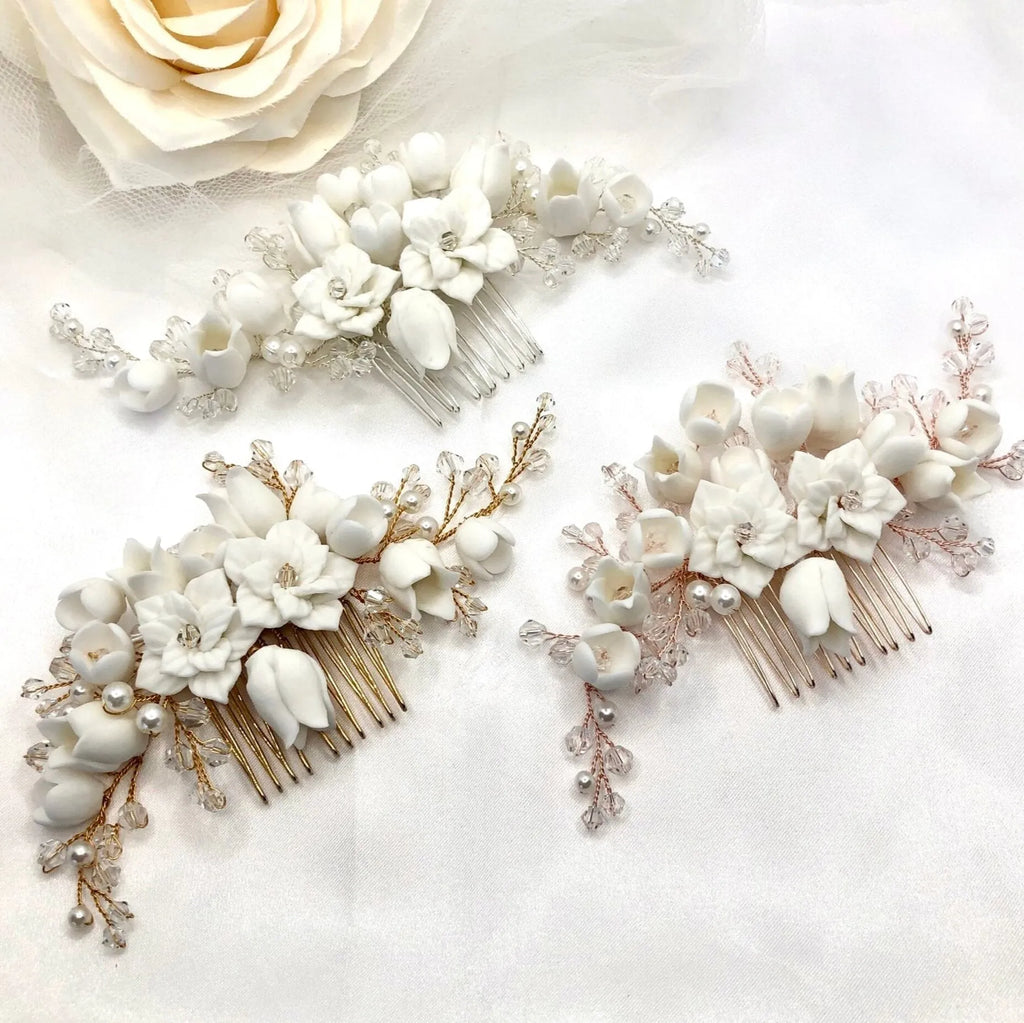 Wedding Hair Accessories - Pearl and Ceramic Flowers Bridal Hair Vine