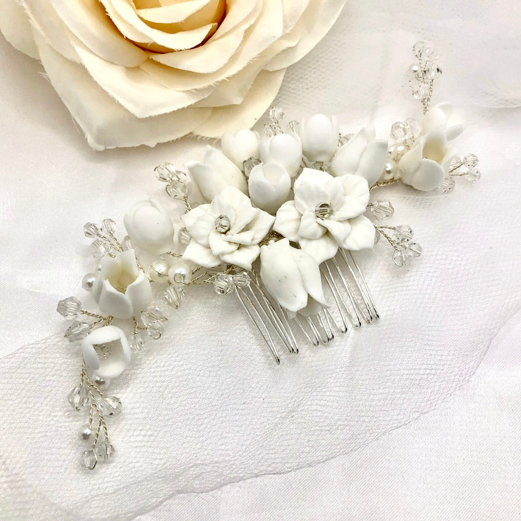 Wedding Hair Accessories - Pearl and Ceramic Flowers Bridal Hair Vine