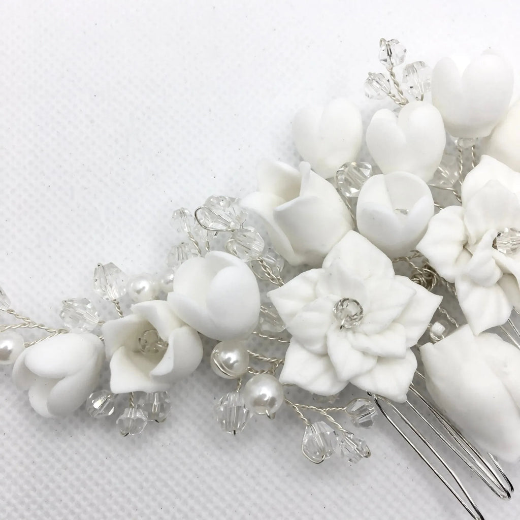 Wedding Hair Accessories - Pearl and Ceramic Flowers Bridal Hair Vine