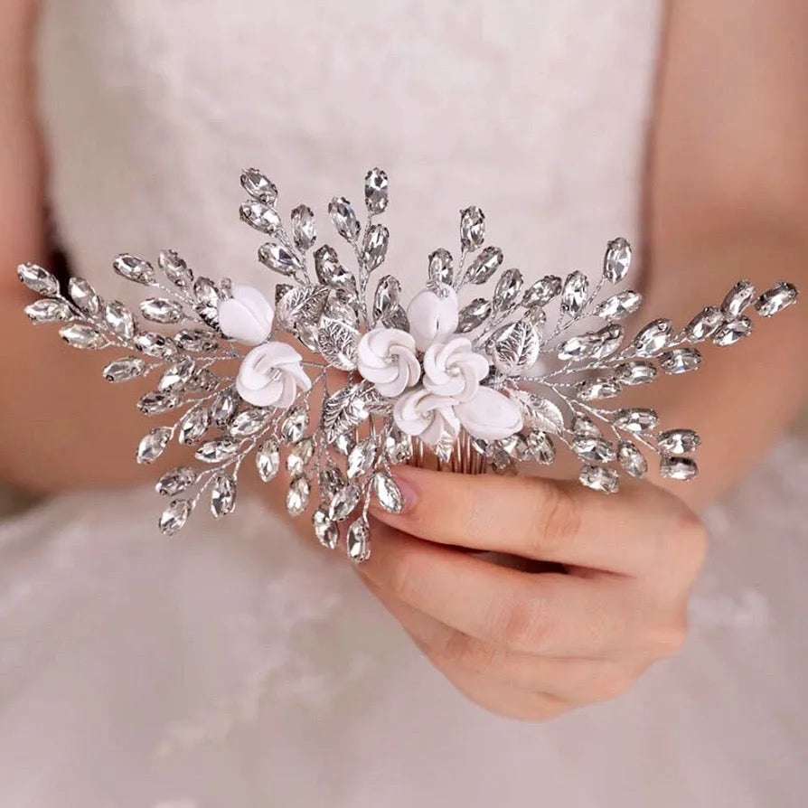 Wedding Hair Accessories - Ceramic Flowers Bridal Hair Comb - Available in Silver, Rose Gold and Yellow Gold