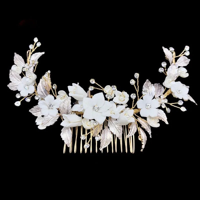Wedding Hair Accessories - Ceramic Flowers Silver Bridal Hair Comb / Vine - Available in Rose Gold, Silver and Yellow Gold