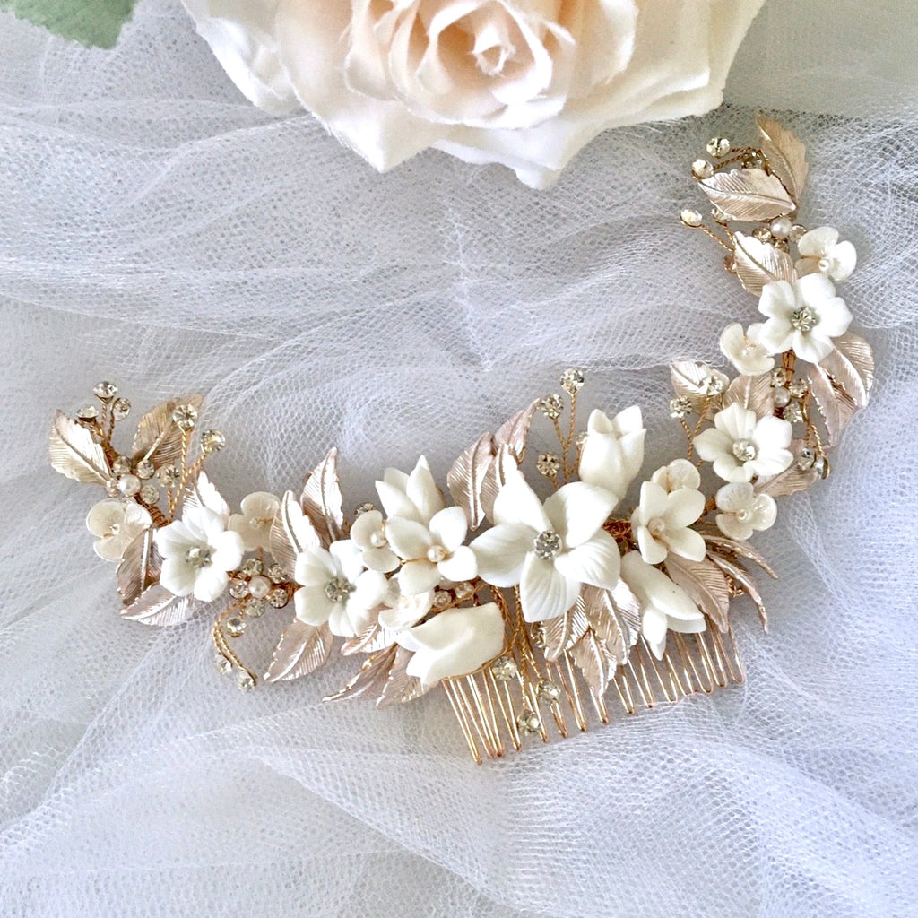 Wedding Hair Accessories - Ceramic Flowers Bridal Hair Comb / Vine - Available in Rose Gold, Silver and Yellow Gold