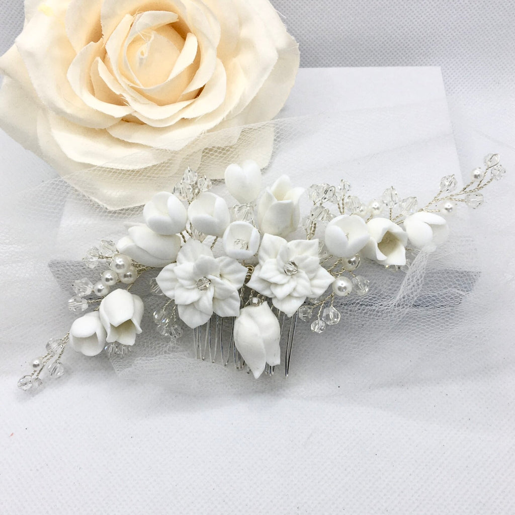 Wedding Hair Accessories - Pearl and Ceramic Flowers Bridal Hair Vine