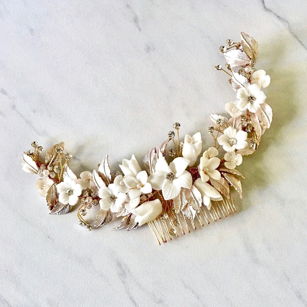 Wedding Hair Accessories - Ceramic Flowers Bridal Hair Comb / Vine - Available in Rose Gold, Silver and Yellow Gold