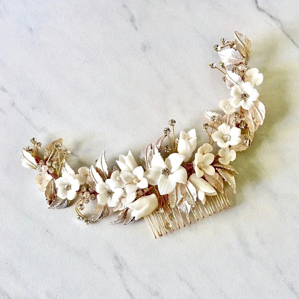 Wedding Hair Accessories - Ceramic Flowers Bridal Hair Comb / Vine - Available in Rose Gold, Silver and Yellow Gold