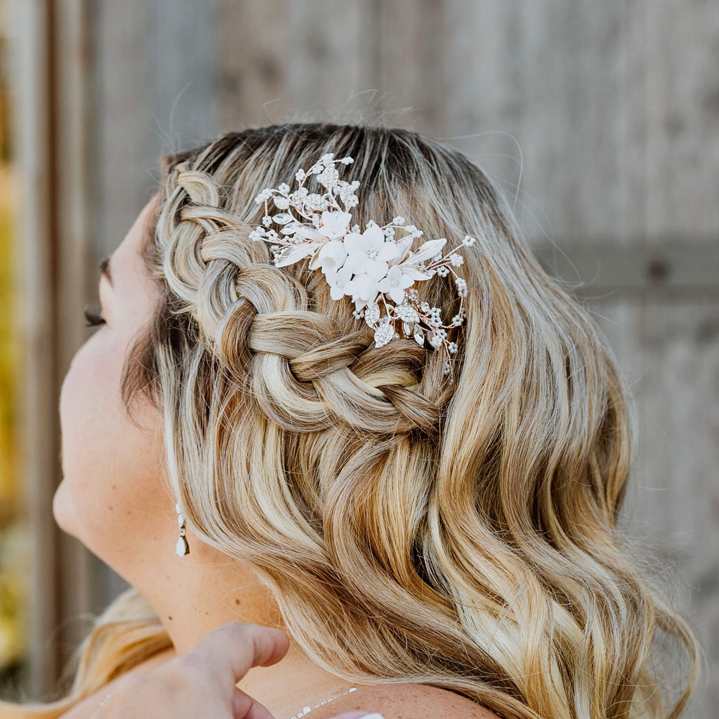 Wedding Hair Accessories - Ceramic Flowers Bridal Hair Comb - Available in Silver, Rose Gold and Yellow Gold