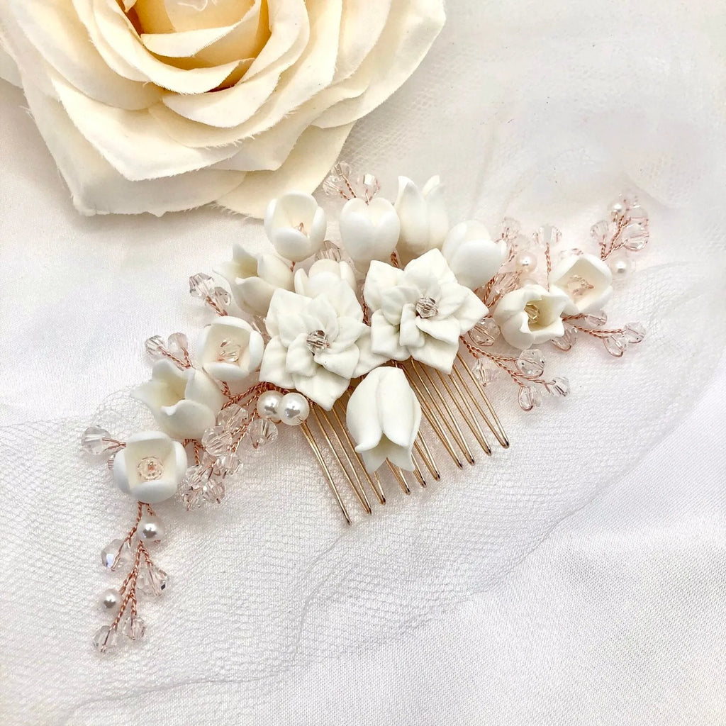 Wedding Hair Accessories - Pearl and Ceramic Flowers Bridal Hair Vine
