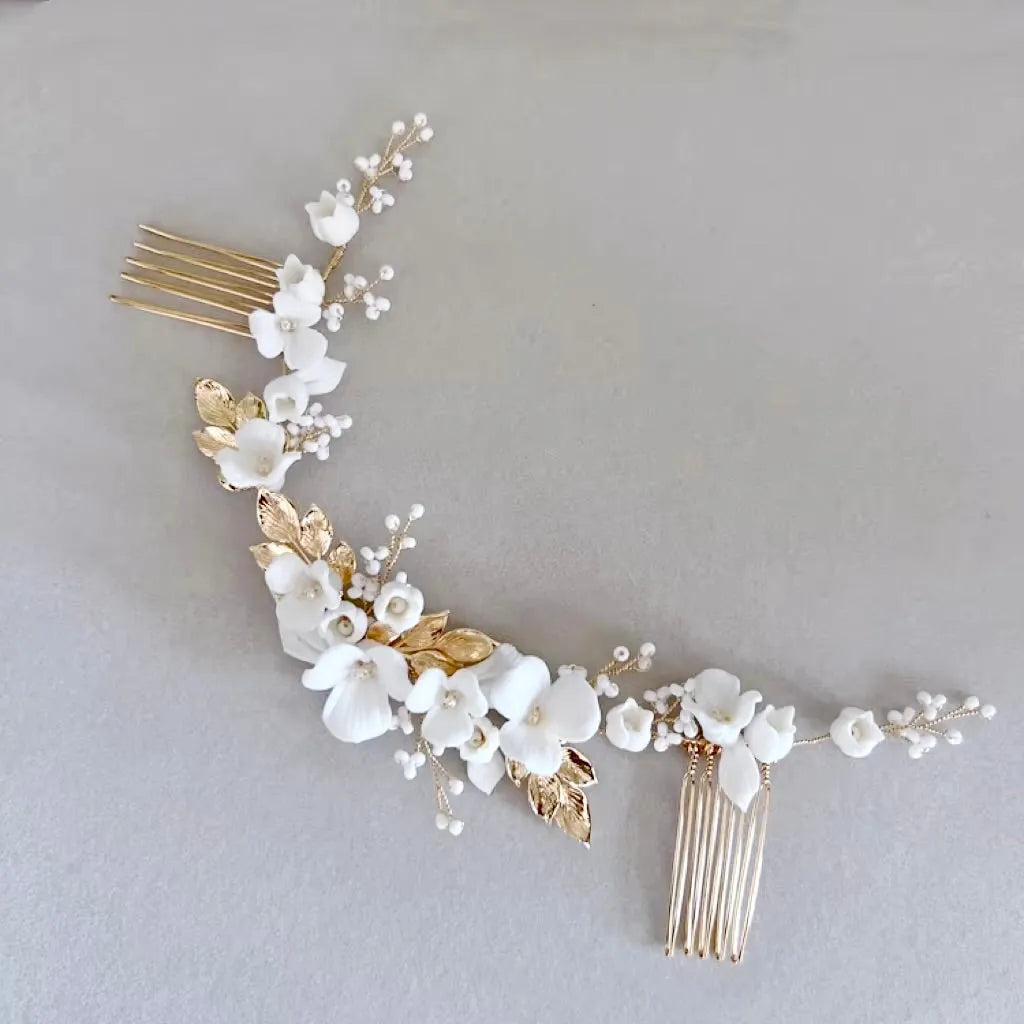 Wedding Hair Accessories - Ceramic Flowers Bridal Double Hair Comb - Available in Gold and Silver