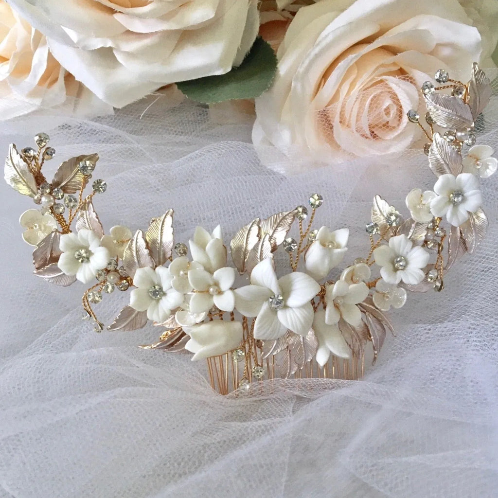 Wedding Hair Accessories - Ceramic Flowers Silver Bridal Hair Comb / Vine - Available in Rose Gold, Silver and Yellow Gold