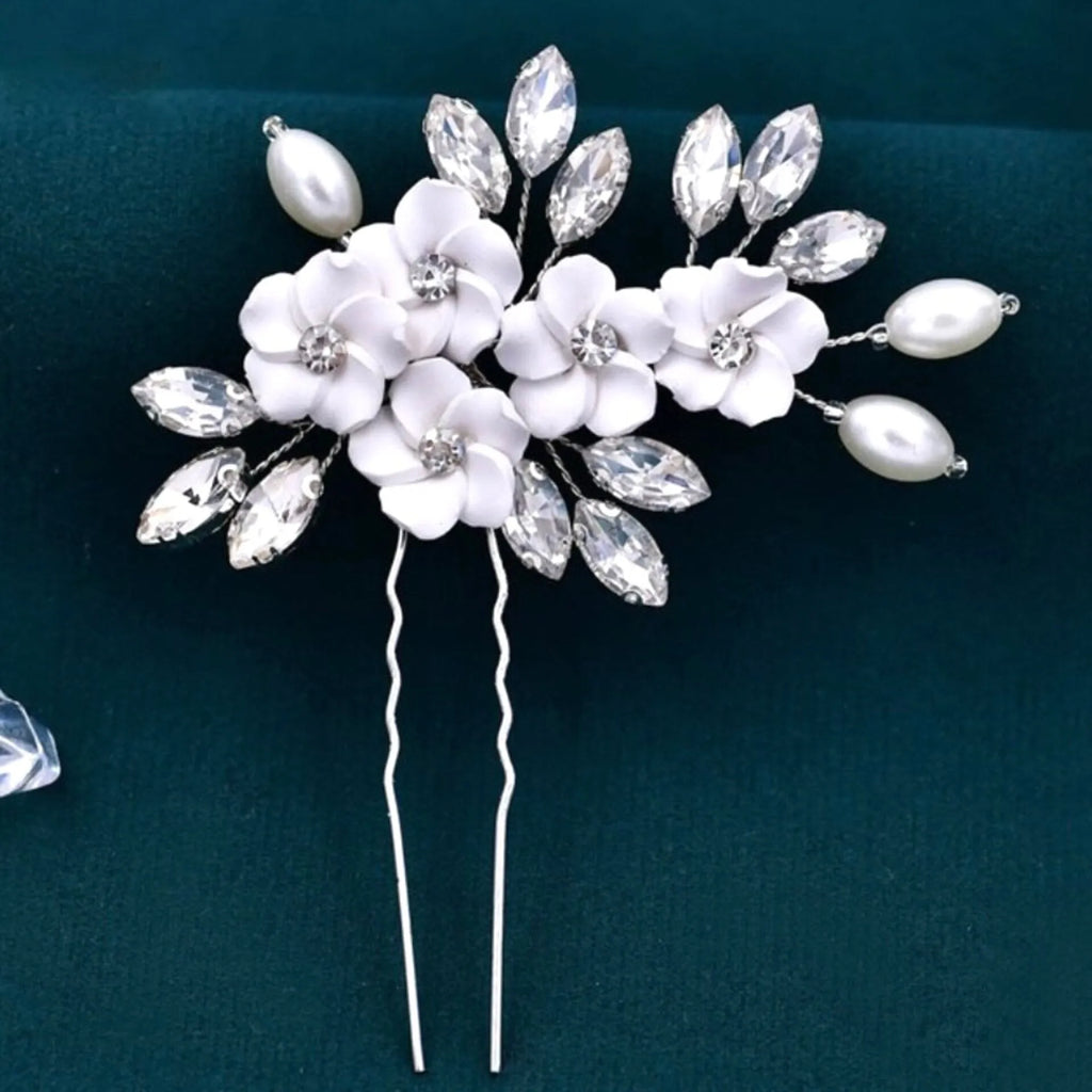Wedding Hair Accessories - Ceramic Flowers and Pearls Bridal Hair Pin