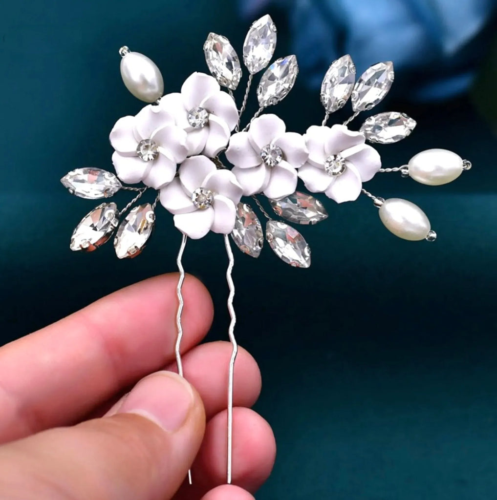 Wedding Hair Accessories - Ceramic Flowers and Pearls Bridal Hair Pin