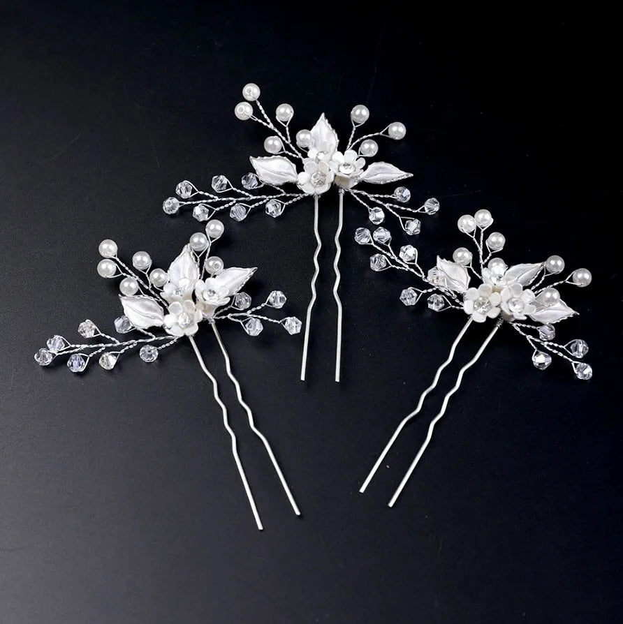 Wedding Hair Accessories - Ceramic Flowers and Pearls Bridal Hair Pin