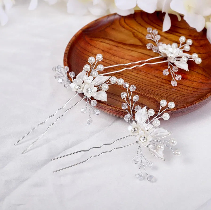 Wedding Hair Accessories - Ceramic Flowers and Pearls Bridal Hair Pin