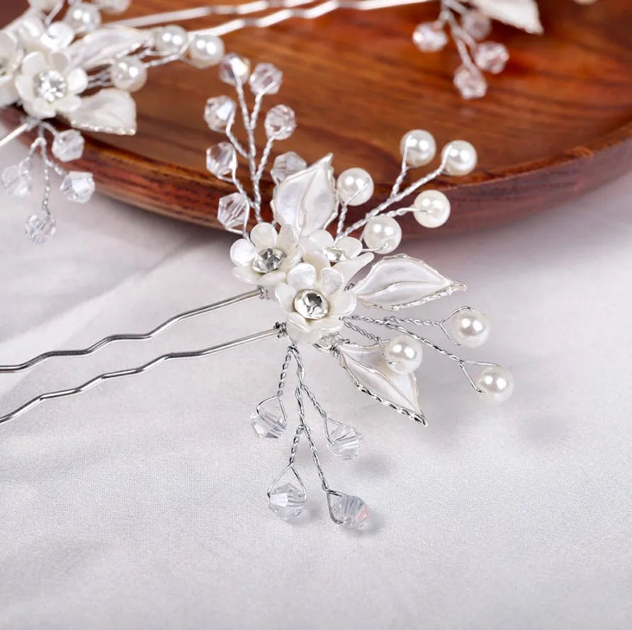 Wedding Hair Accessories - Ceramic Flowers and Pearls Bridal Hair Pin