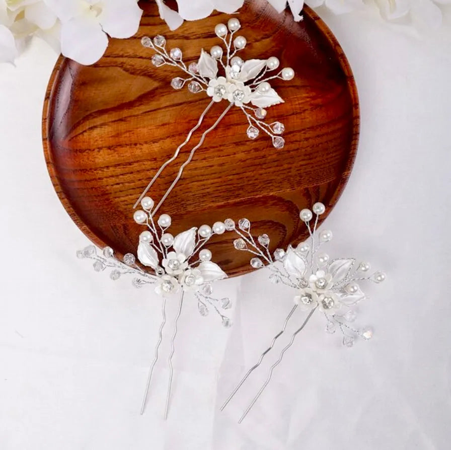 Wedding Hair Accessories - Ceramic Flowers and Pearls Bridal Hair Pin