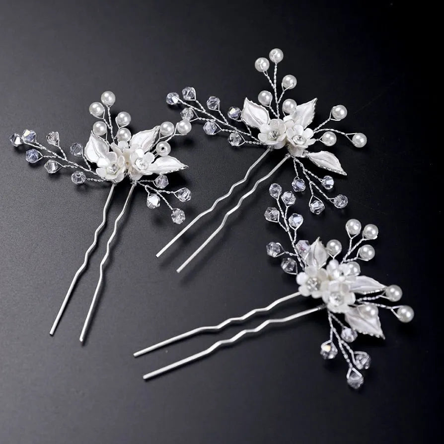 Wedding Hair Accessories - Ceramic Flowers and Pearls Bridal Hair Pin