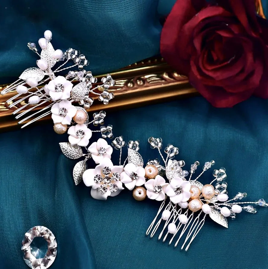 Wedding Hair Accessories - Ceramic Flowers Bridal Headband / Hair Vine - Available in Silver and Gold