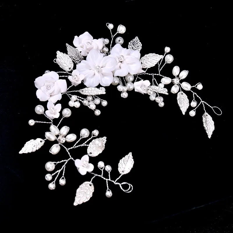 Wedding Hair Accessories - Pearl and Ceramic Flowers Bridal Hair Vine