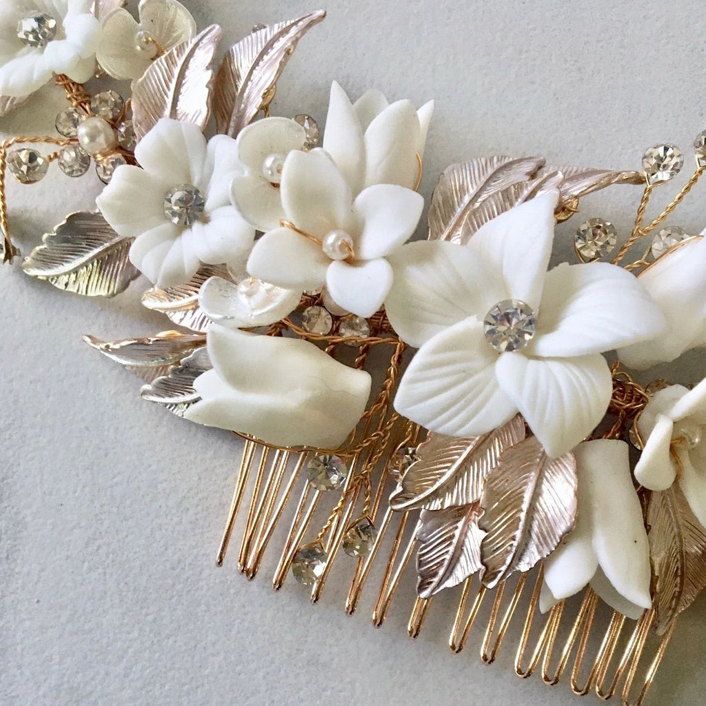 Wedding Hair Accessories - Ceramic Flowers Silver Bridal Hair Comb / Vine - Available in Rose Gold, Silver and Yellow Gold
