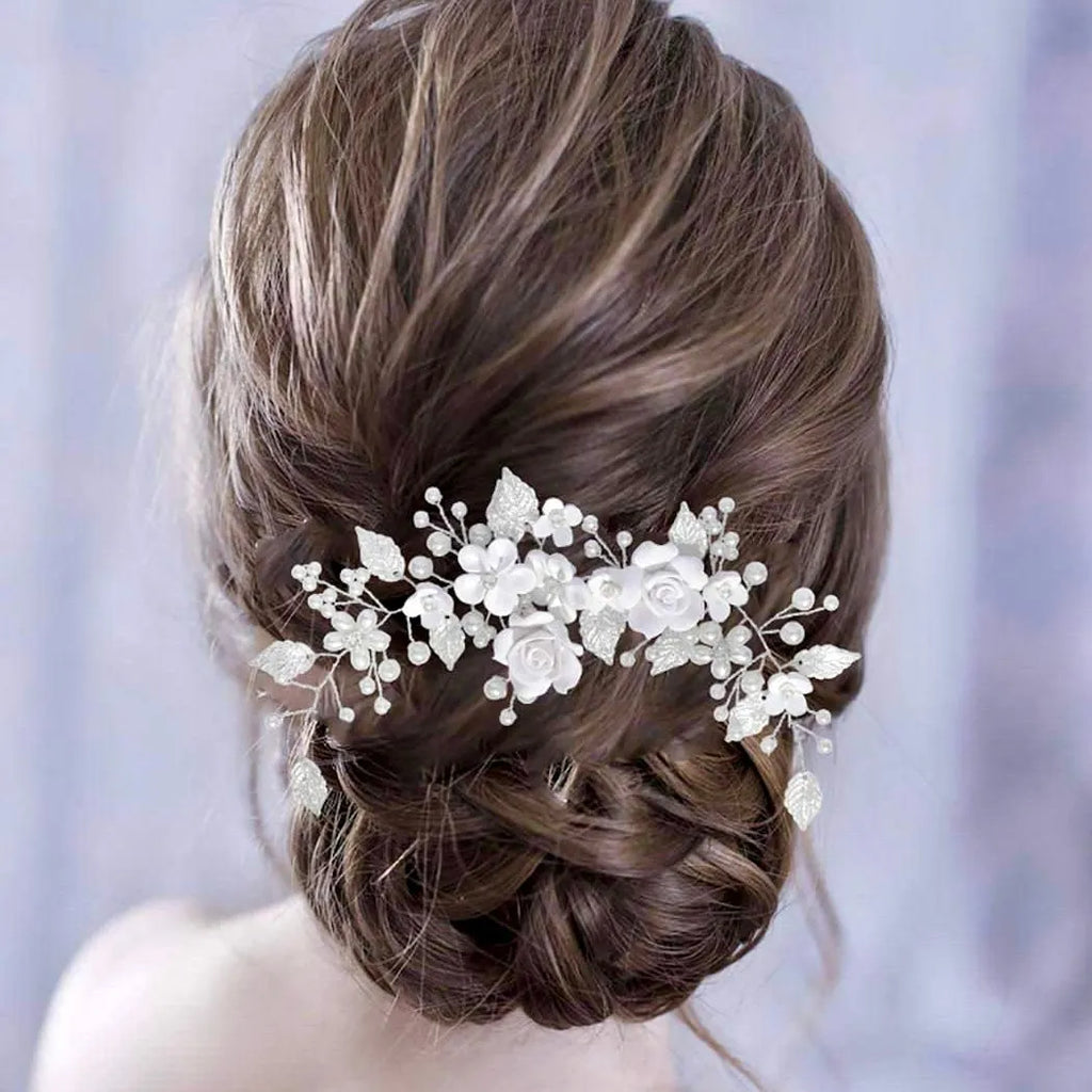 Wedding Hair Accessories - Pearl and Ceramic Flowers Bridal Hair Vine