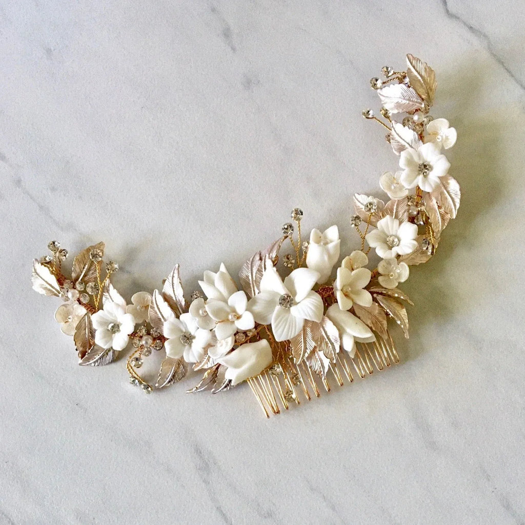 Wedding Hair Accessories - Ceramic Flowers Silver Bridal Hair Comb / Vine - Available in Rose Gold, Silver and Yellow Gold