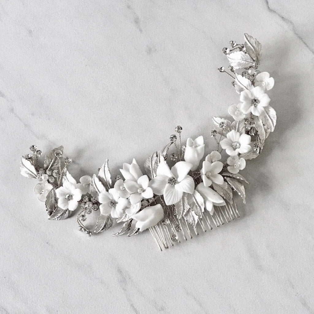 Wedding Hair Accessories - Ceramic Flowers Silver Bridal Hair Comb / Vine - Available in Rose Gold, Silver and Yellow Gold