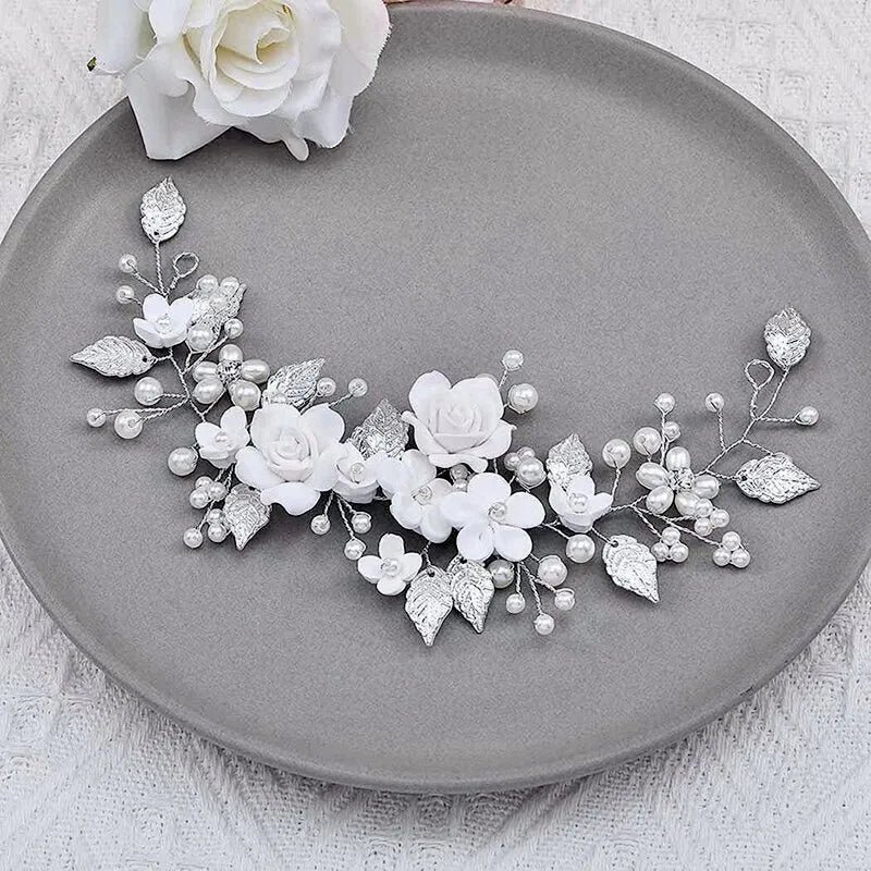 Wedding Hair Accessories - Pearl and Ceramic Flowers Bridal Hair Vine