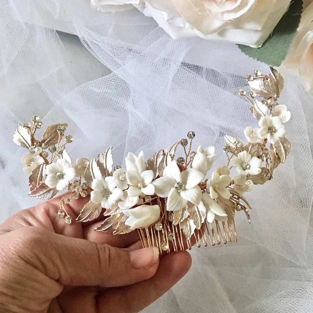 Wedding Hair Accessories - Ceramic Flowers Silver Bridal Hair Comb / Vine - Available in Rose Gold, Silver and Yellow Gold