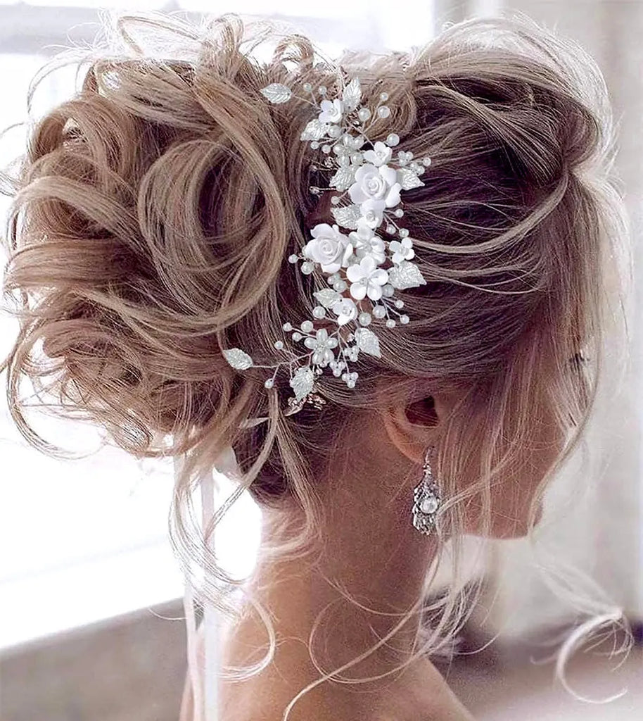 Wedding Hair Accessories - Pearl and Ceramic Flowers Bridal Hair Vine