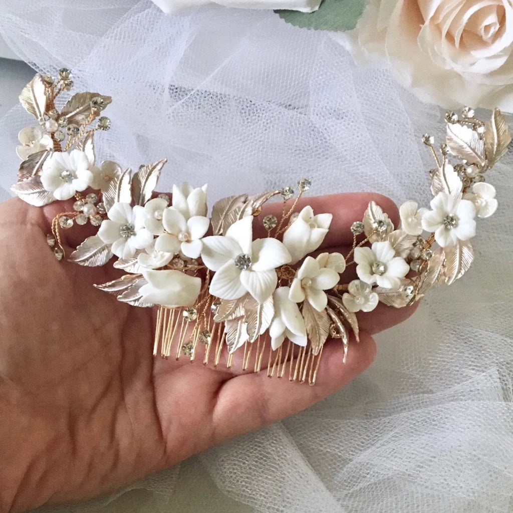 Wedding Hair Accessories - Ceramic Flowers Silver Bridal Hair Comb / Vine - Available in Rose Gold, Silver and Yellow Gold