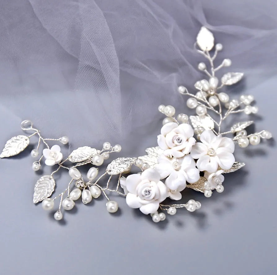 Wedding Hair Accessories - Pearl and Ceramic Flowers Bridal Hair Vine
