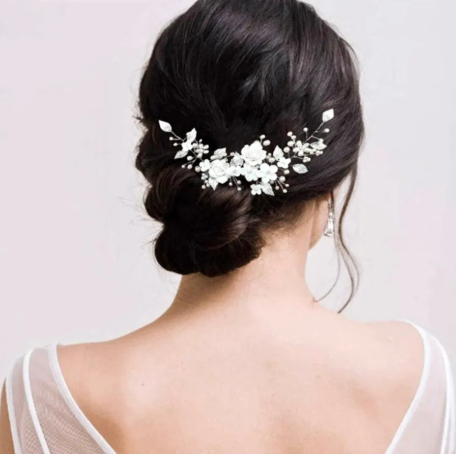 Wedding Hair Accessories - Pearl and Ceramic Flowers Bridal Hair Vine