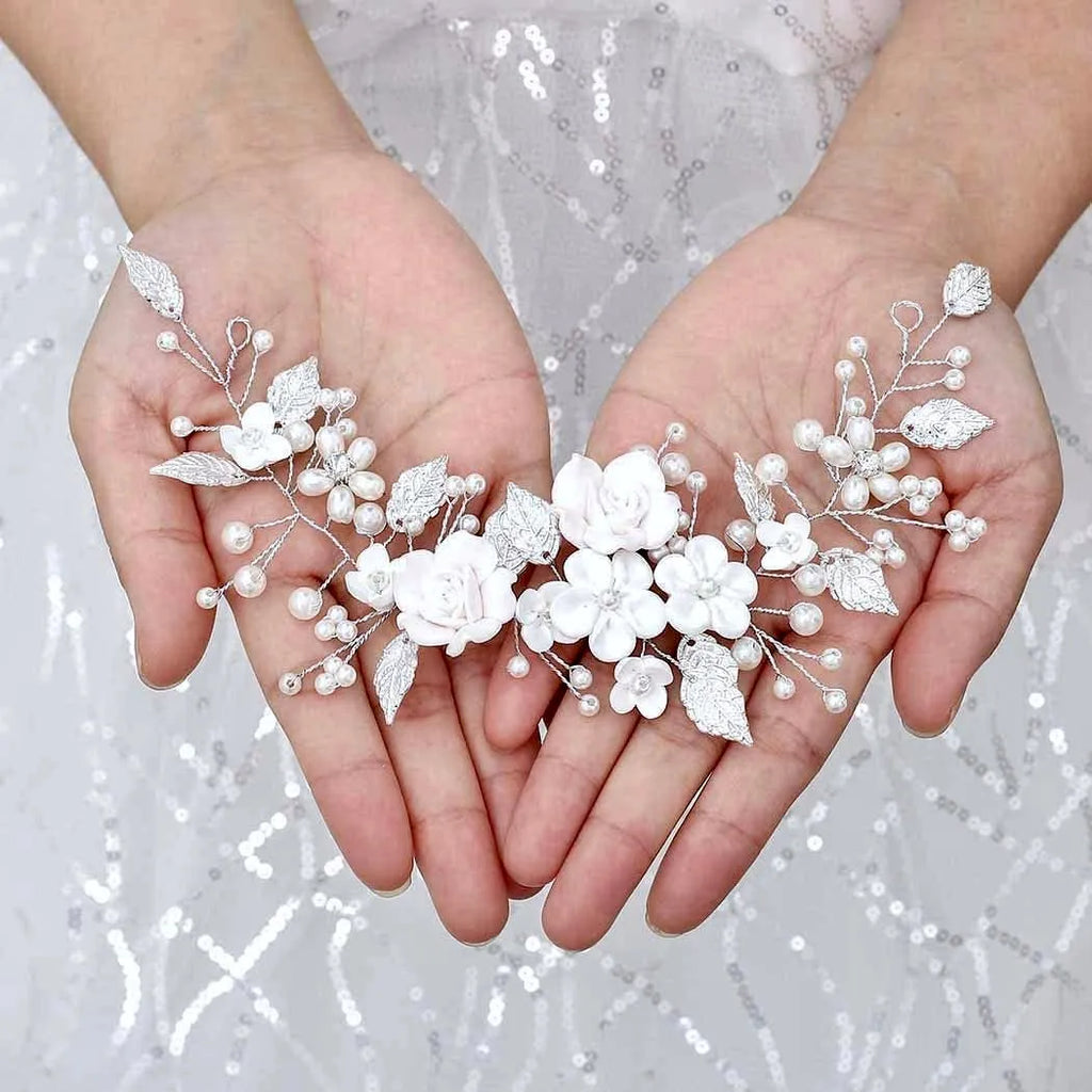 Wedding Hair Accessories - Pearl and Ceramic Flowers Bridal Hair Vine