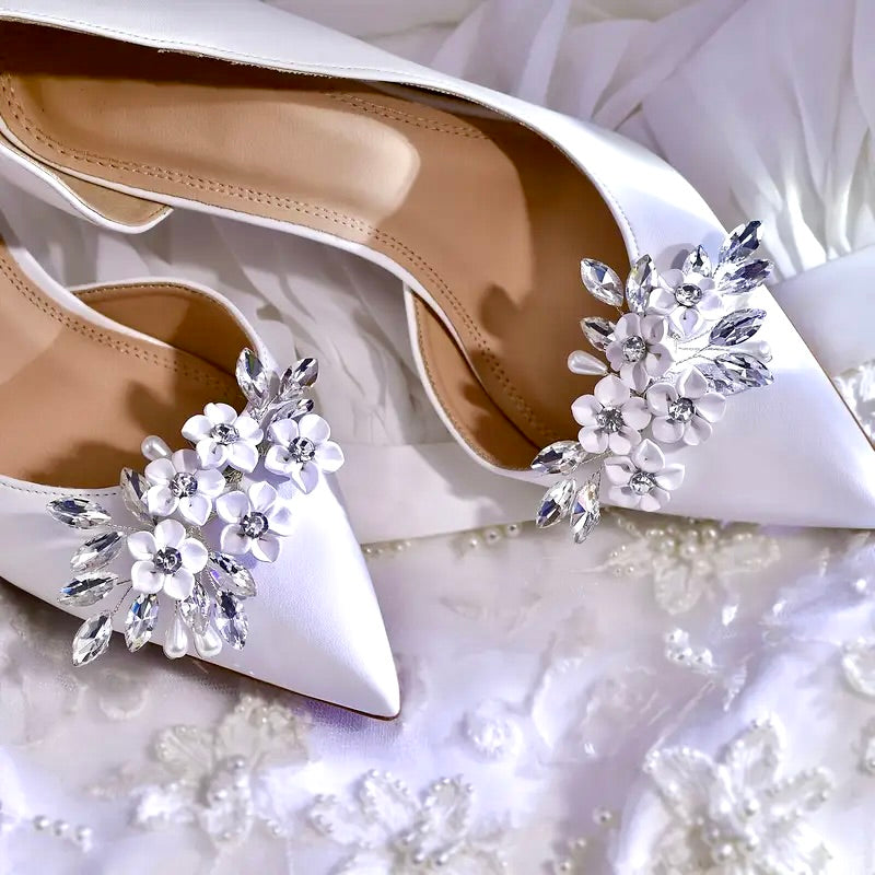 Decorative Silver Bridal Shoe Clip - Ceramic Flowers, Pearls & Crystals
