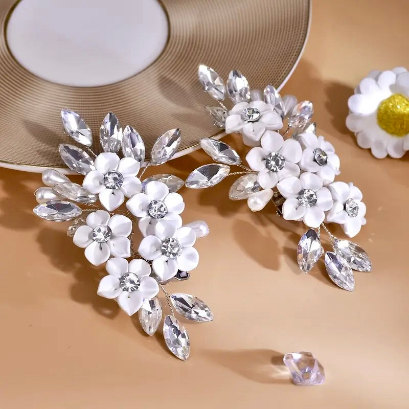 Decorative Silver Bridal Shoe Clip - Ceramic Flowers, Pearls & Crystals