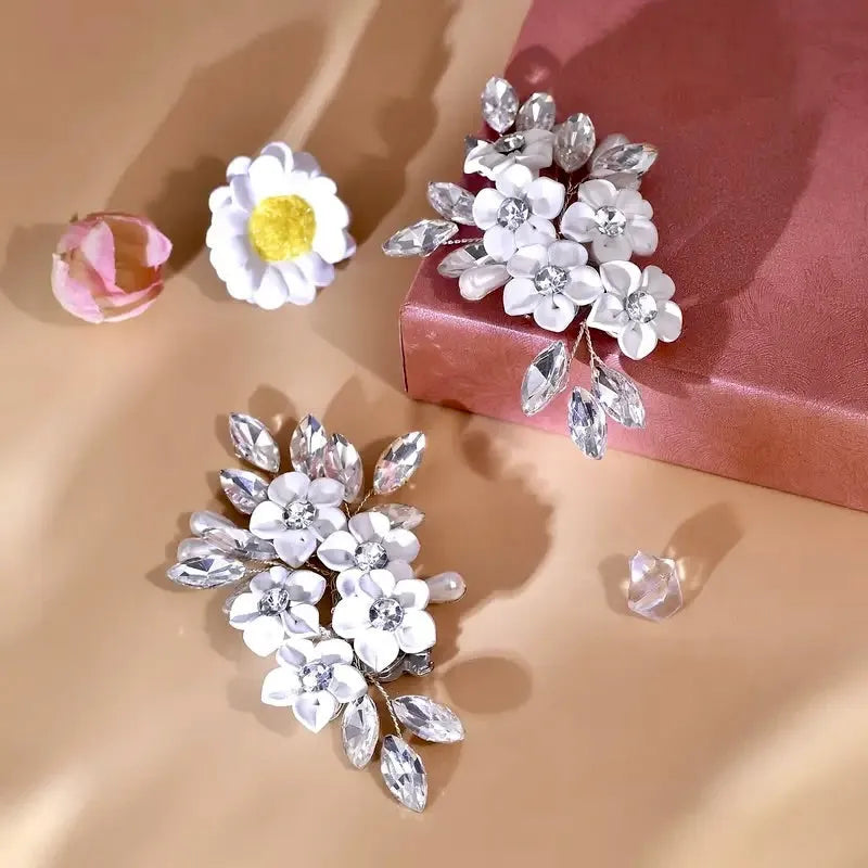 Decorative Silver Bridal Shoe Clip - Ceramic Flowers, Pearls & Crystals