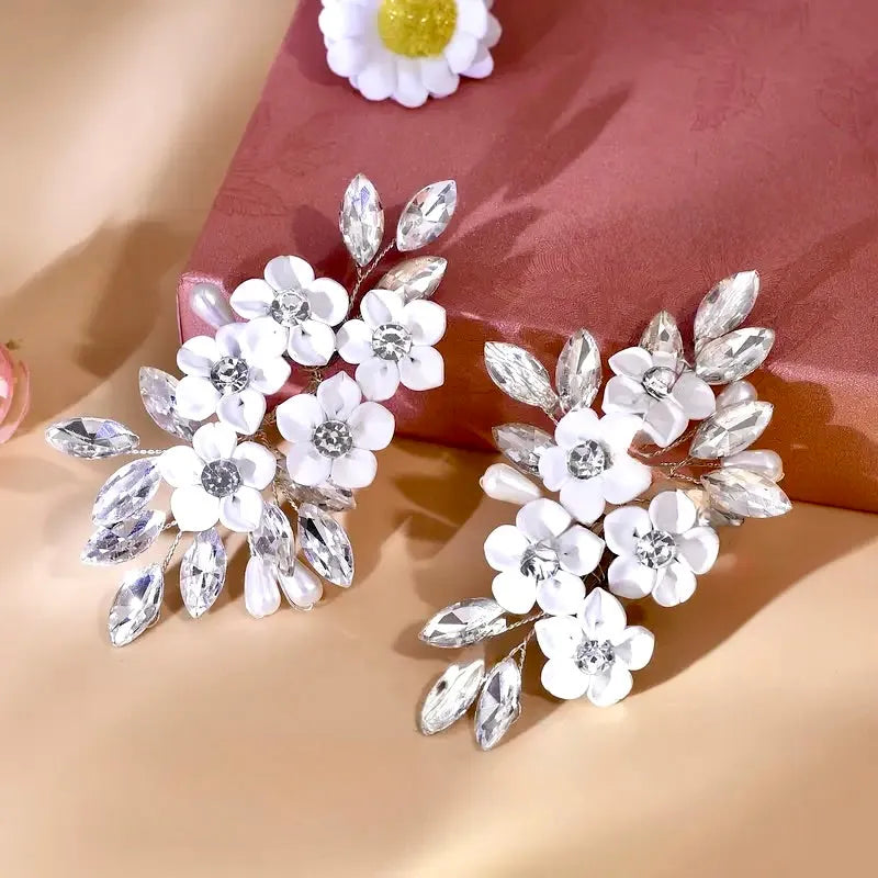 Decorative Silver Bridal Shoe Clip - Ceramic Flowers, Pearls & Crystals