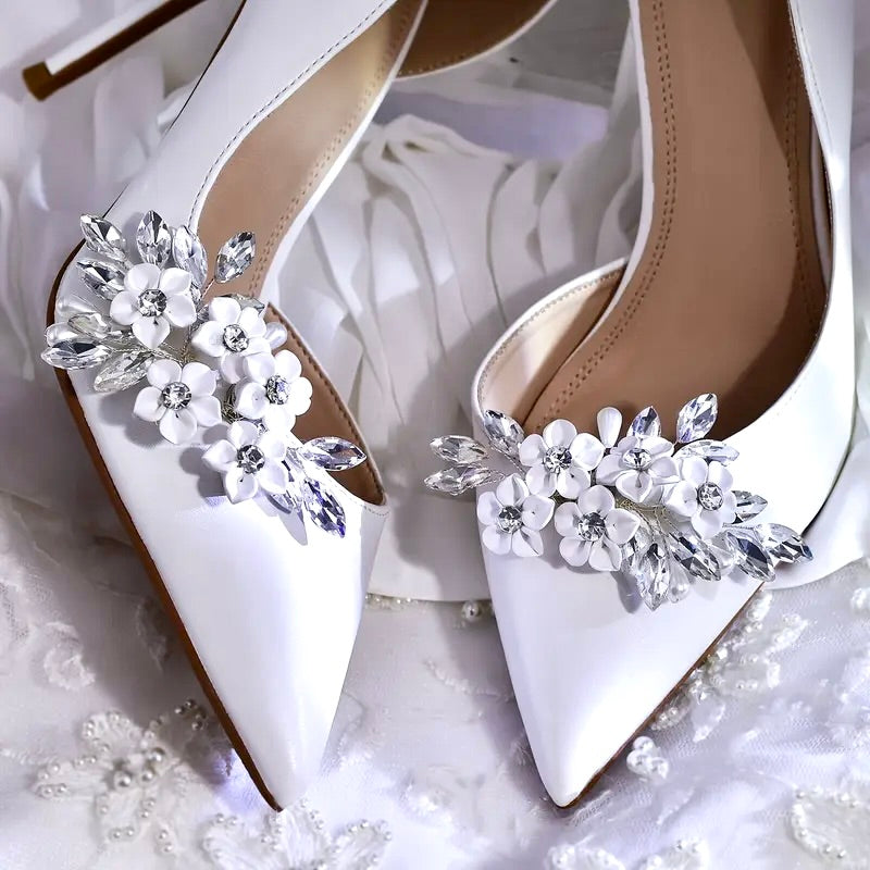 Decorative Silver Bridal Shoe Clip - Ceramic Flowers, Pearls & Crystals