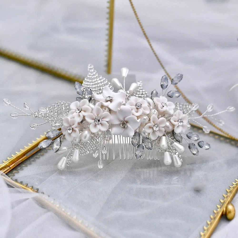 Wedding Hair Accessories - Ceramic Flowers Silver Bridal Hair Comb